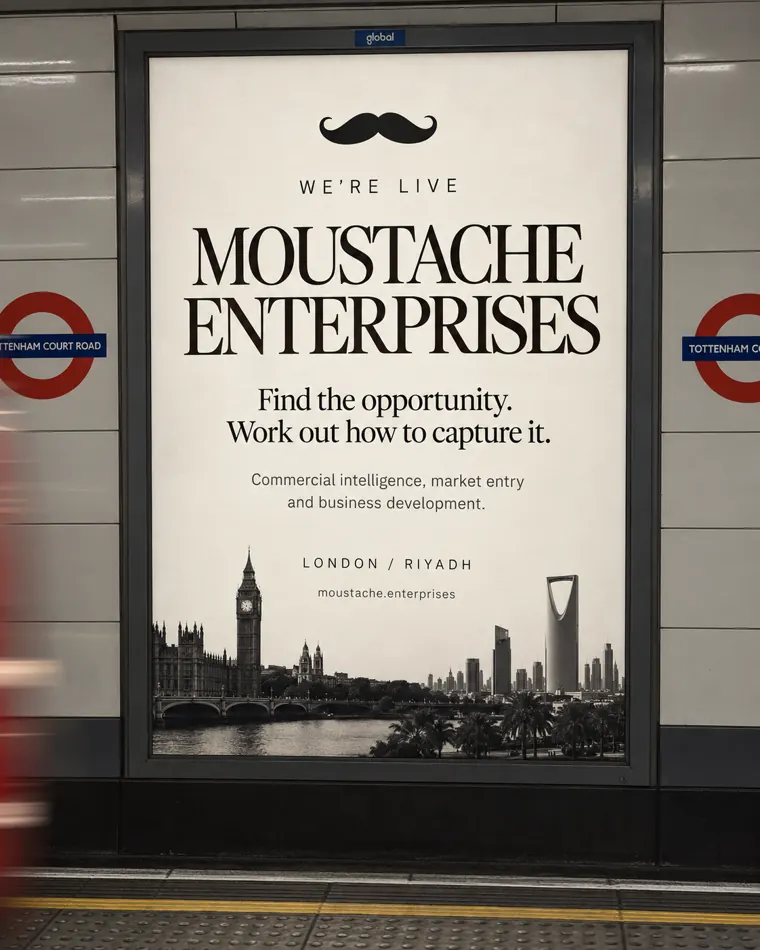 Moustache Enterprises campaign poster displayed at Tottenham Court Road Underground station