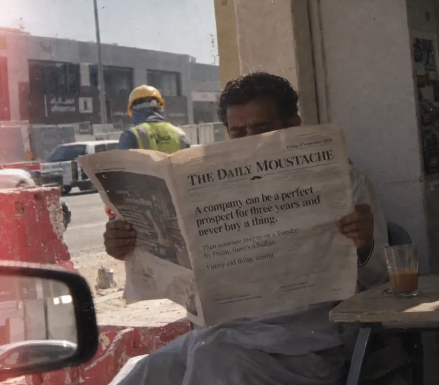 The Daily Moustache campaign artwork showing a reader with the 11 September 2026 edition